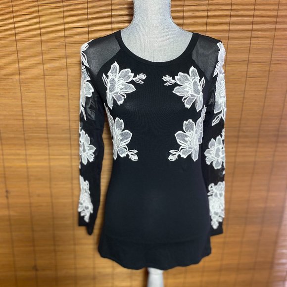 INC International Concepts Tops - INC Beautiful Black with White Floral Applique Long Sleeve T-shirt Size Small